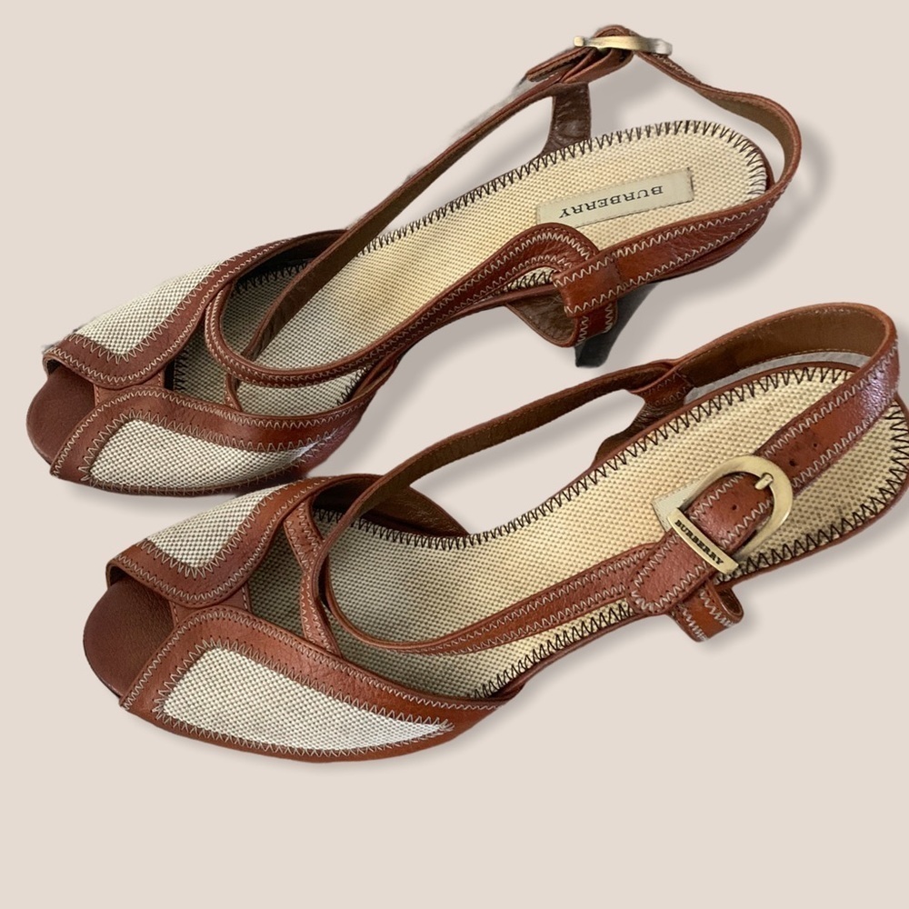 Cream + Brown Burberry Slingback Open-Toe Heels